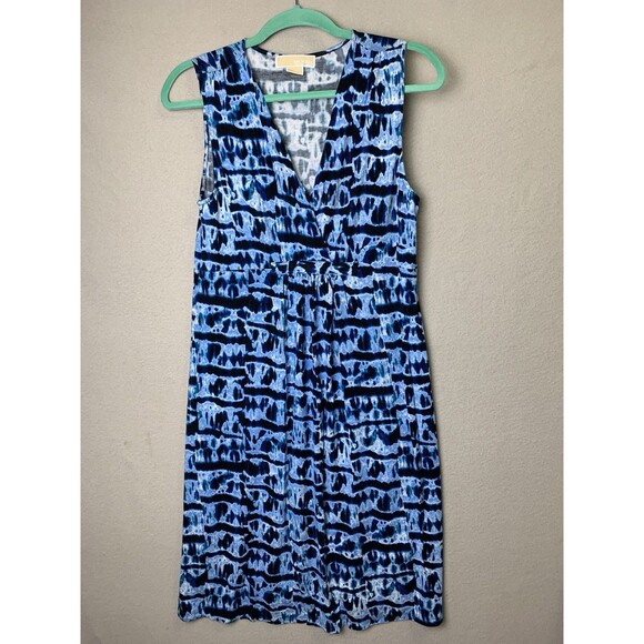 Michael Kors Dress Medium Blue Sleeveless V Neck Ruched Geometric Tie Dye Style - Picture 1 of 6